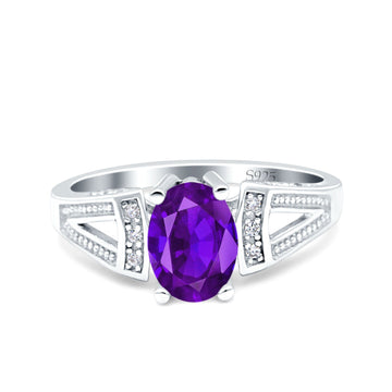 Oval Art Deco Wedding Engagement Ring Simulated Amethyst CZ 925 Sterling Silver